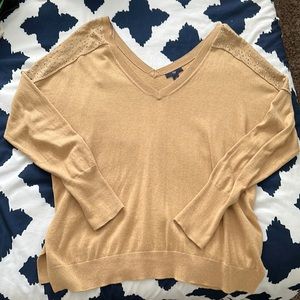Large Drop Shoulder Camel Gap Sweater with Rhinestone Detail